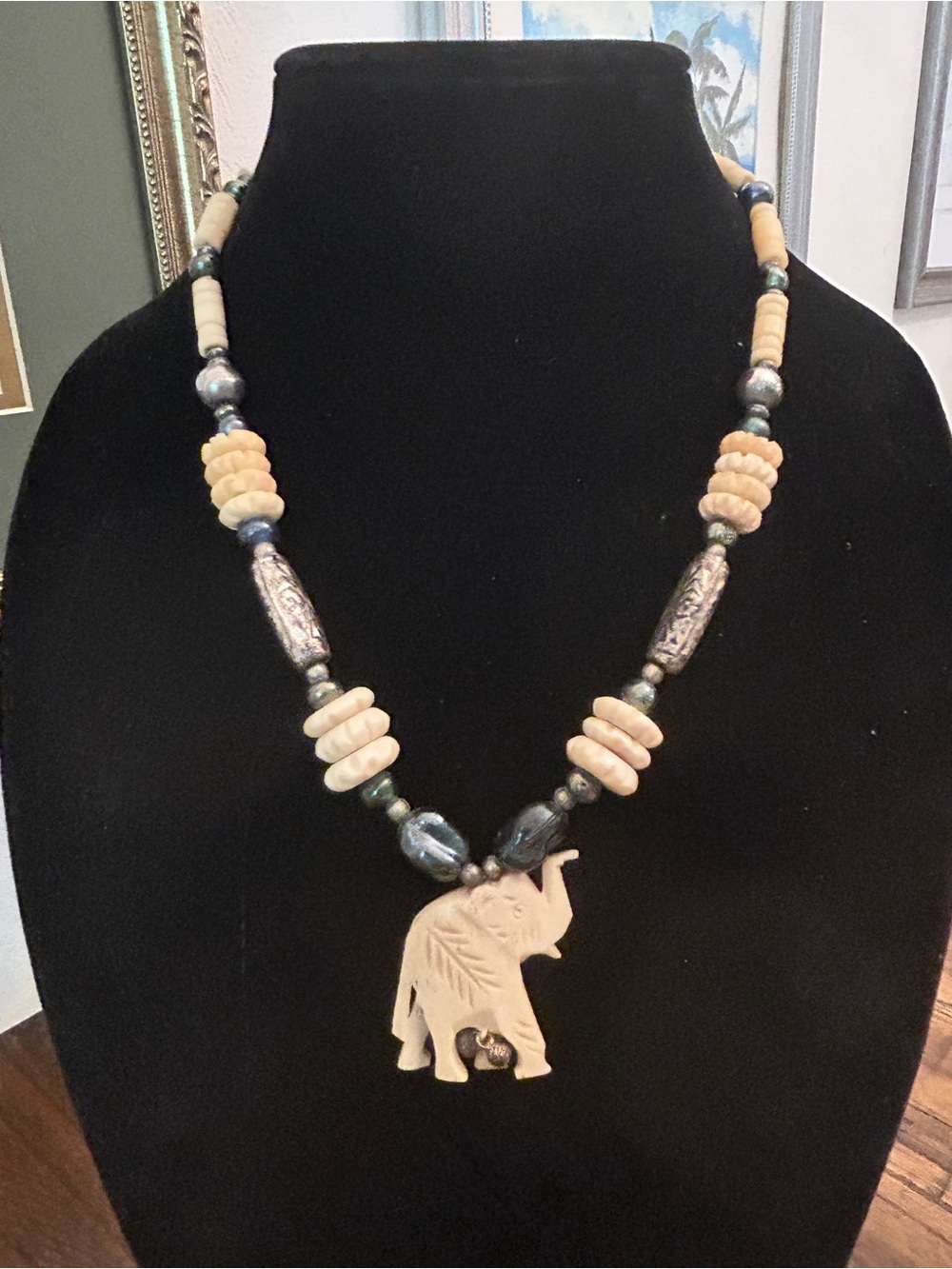 Beaded Elephant Pendant Necklace in Cream and Black
